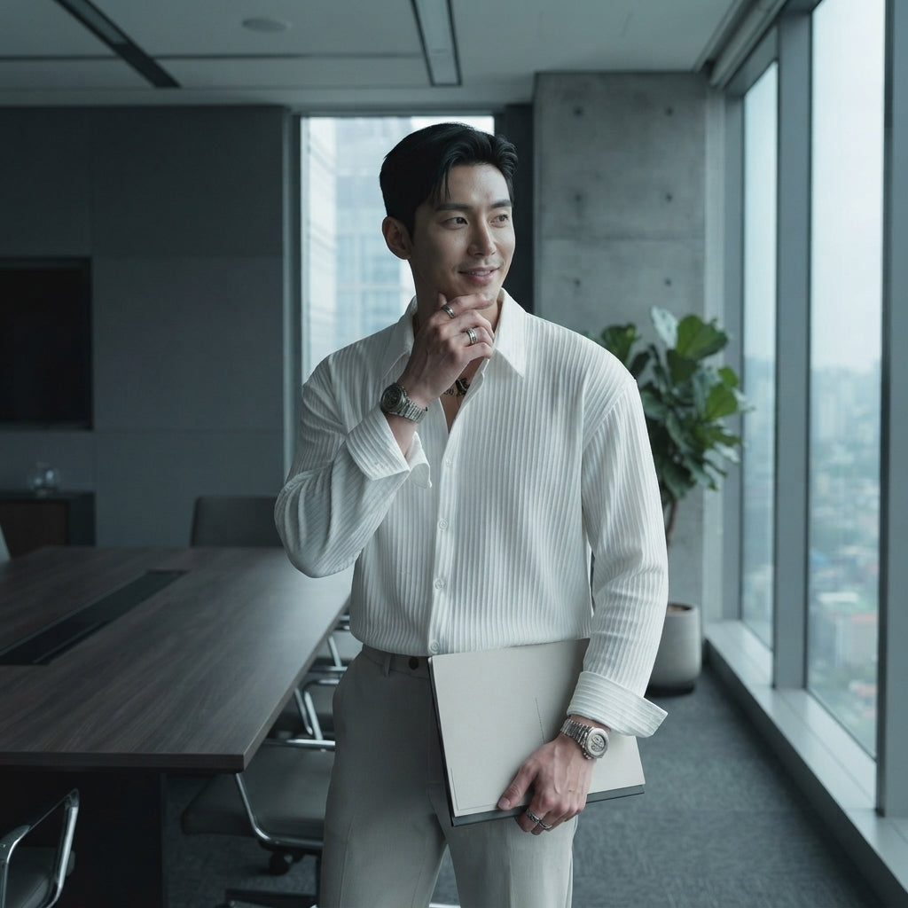 A man wearing a white textured long-sleeve formal shirt standing in a modern, professional boardroom.