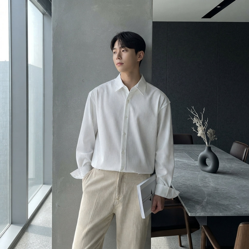 A man wearing a textured white popcorn fabric shirt standing in a modern, minimalist boardroom with charcoal and slate gray d