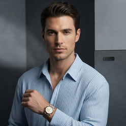 Ethan Vance wearing a textured white popcorn fabric slim-fit formal shirt in a professional studio portrait.