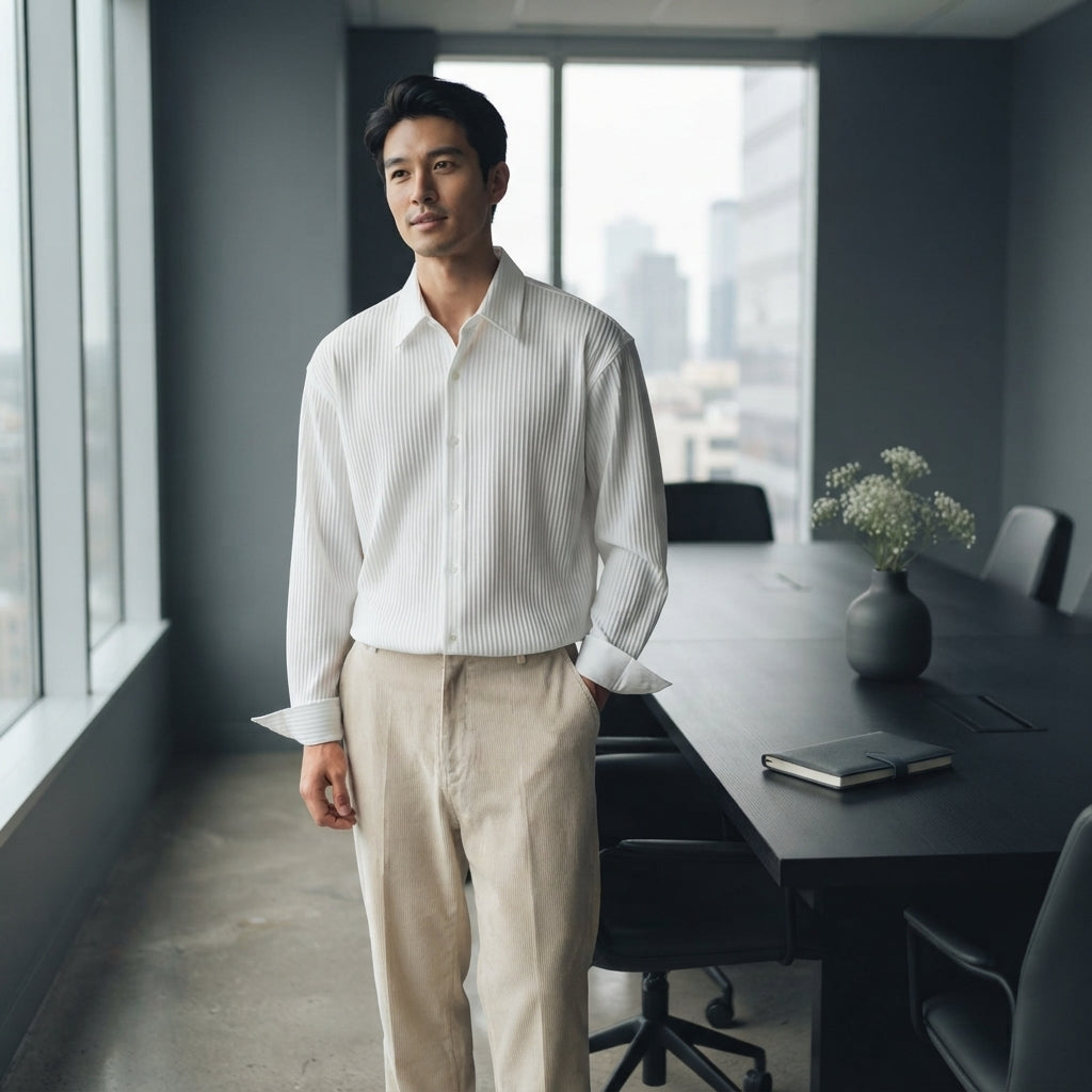 A man in a textured white slim-fit formal shirt standing in a modern office boardroom.