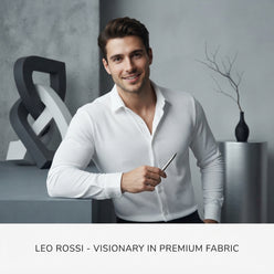 Leo Rossi posing in a white textured slim-fit formal shirt against a minimalist slate gray studio background.
